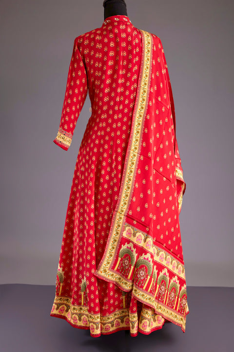 Red Crepe Anarkali Set