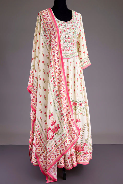 White Crepe Anarkali Set