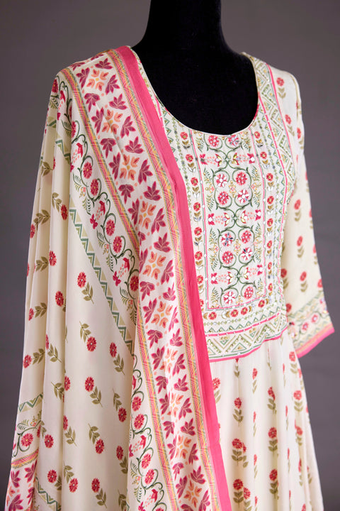 White Crepe Anarkali Set