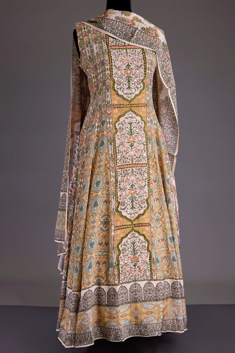 Cream and Yellow Crepe Anarkali Set