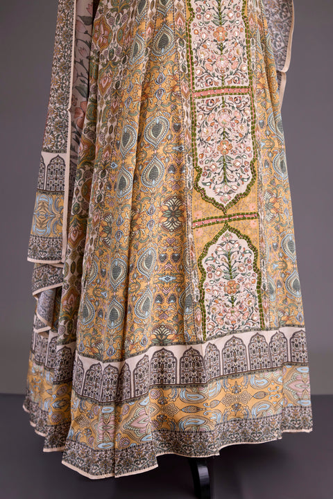 Cream and Yellow Crepe Anarkali Set