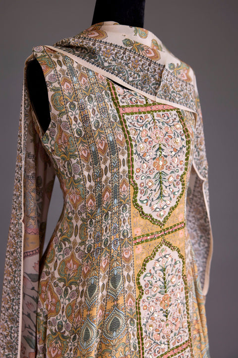 Cream and Yellow Crepe Anarkali Set