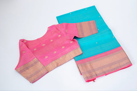 Turquoise Blue with Pink Zari Border Kanchipattu Saree