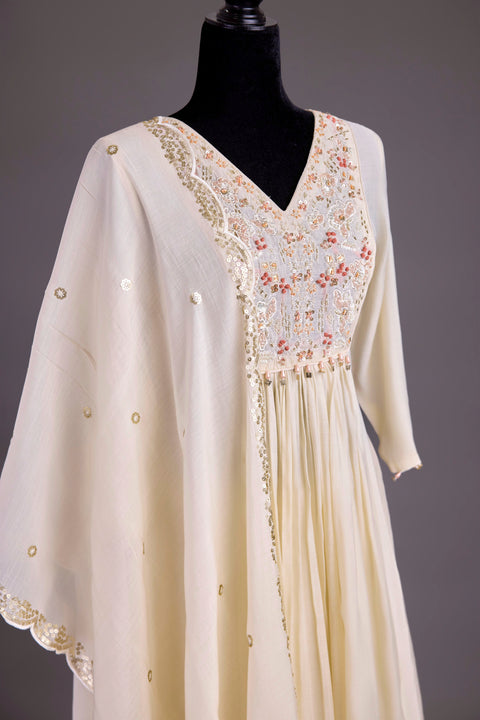 Cream Chanderi Anarkali Set