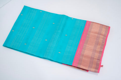 Turquoise Blue with Pink Zari Border Kanchipattu Saree