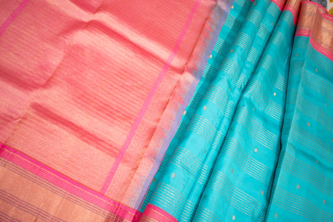 Turquoise Blue with Pink Zari Border Kanchipattu Saree