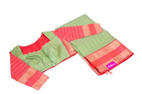 Pista Green with Coral Red Zari Border Kanchipattu Saree