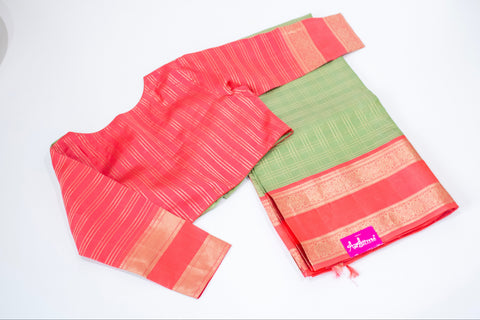 Pista Green with Coral Red Zari Border Kanchipattu Saree