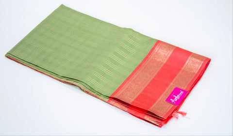 Pista Green with Coral Red Zari Border Kanchipattu Saree