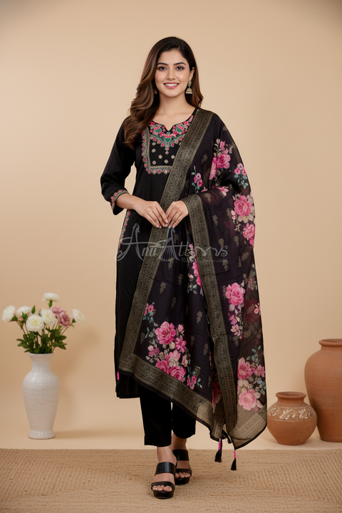 Black Kurta, Pants and Dupatta set in Dola Silk