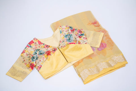 Soft Yellow Floral Organza Saree with Designer Blouse