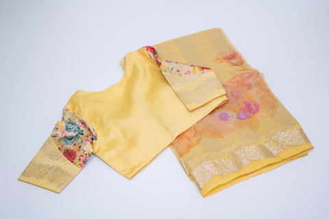 Soft Yellow Floral Organza Saree with Designer Blouse