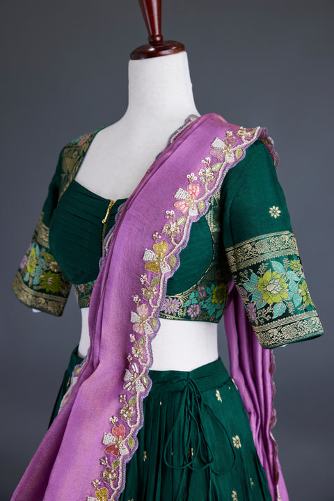 Green & Pink Dola Silk Half Saree