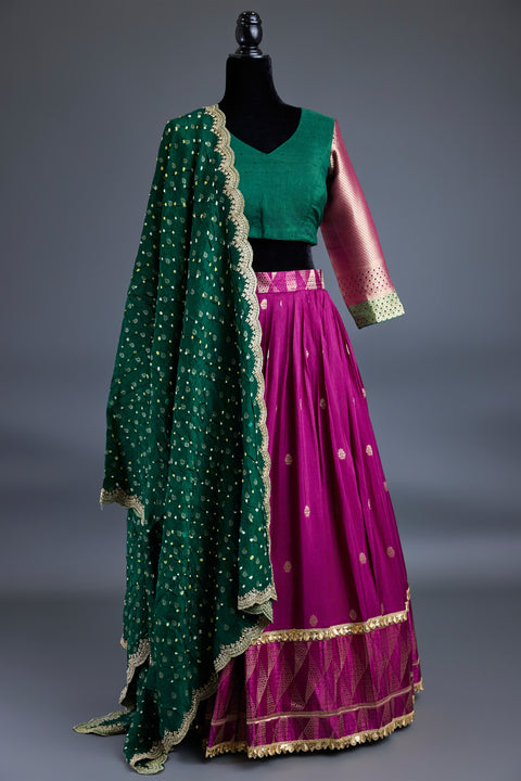 Green & Purple Dola Silk Half Saree