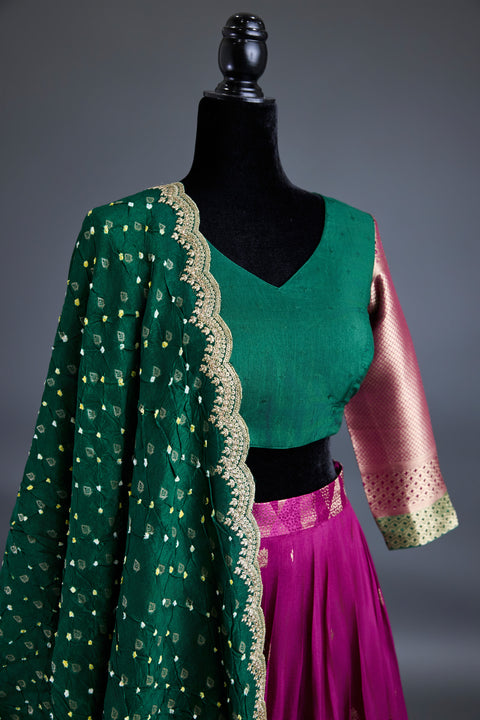 Green & Purple Dola Silk Half Saree