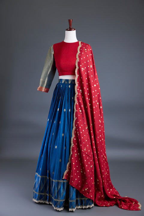 Blue & Red Dola Silk Half Saree