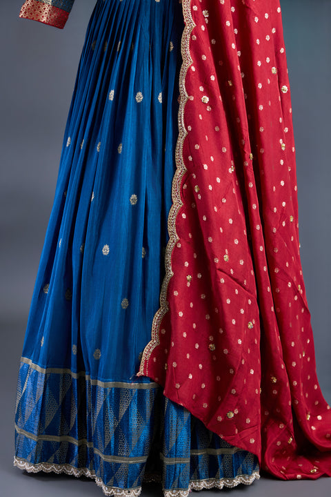 Blue & Red Dola Silk Half Saree