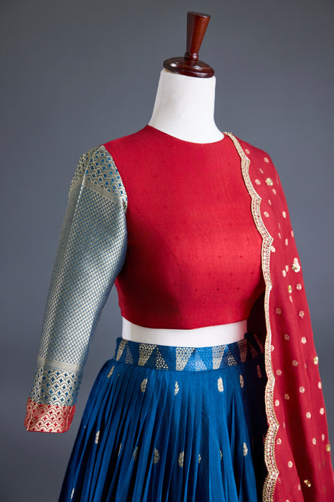 Blue & Red Dola Silk Half Saree