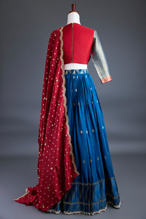 Blue & Red Dola Silk Half Saree