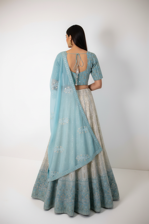 Light Blue and Cream embroidered Lehenga