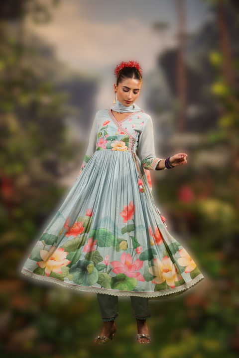 Blue Angrakha Style Kurta, Pants and Dupatta set in Mulmul Cotton