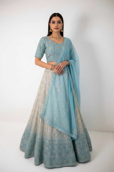 Light Blue and Cream embroidered Lehenga