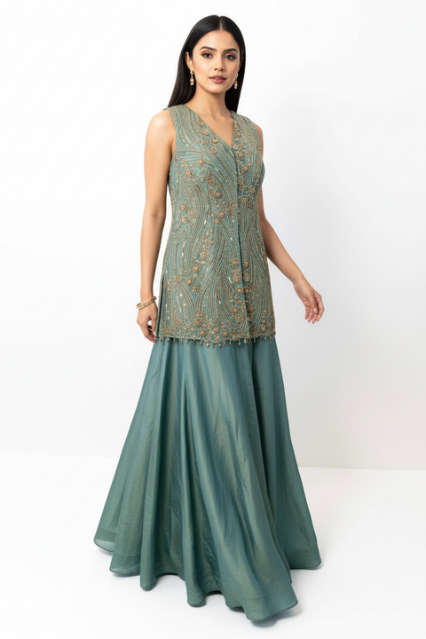 Teal with gold embroidery Sharara