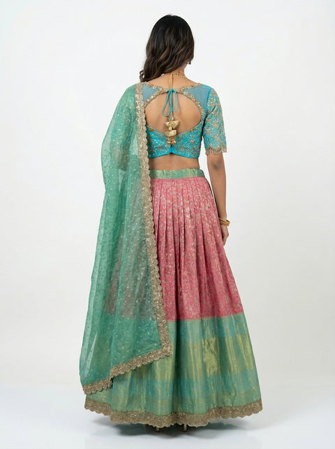 Peach and Blue Kanjivaram Half Saree
