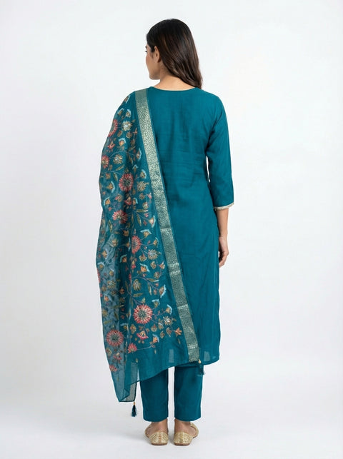 Blue Kurta, Pants and Dupatta Set
