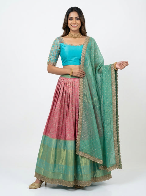 Peach and Blue Kanjivaram Half Saree