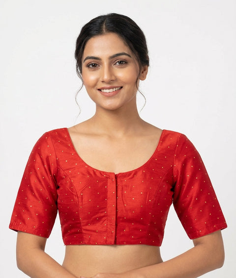 Red Readymade Blouse with Gold Butis