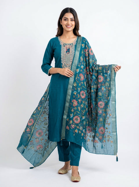 Blue Kurta, Pants and Dupatta Set