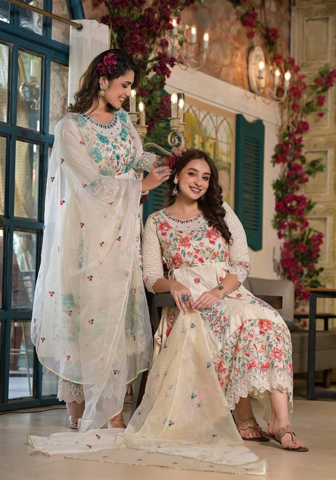 Cream/Blue Kurta, Pants and Dupatta set in Cotton