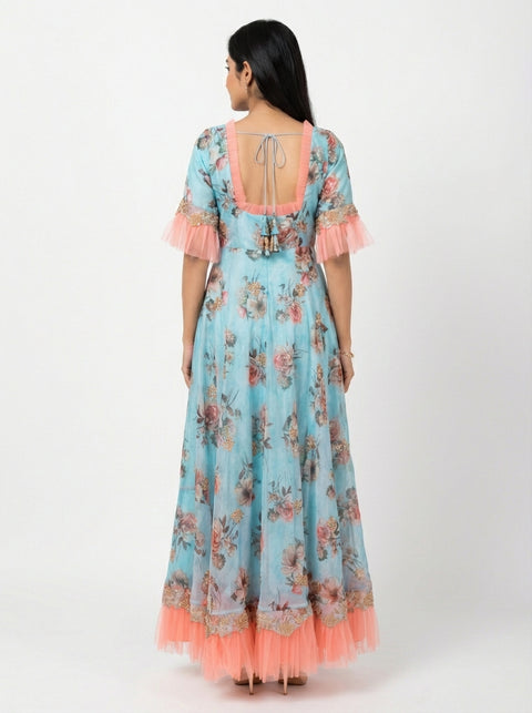 Blue Floral Gown With Cutwork