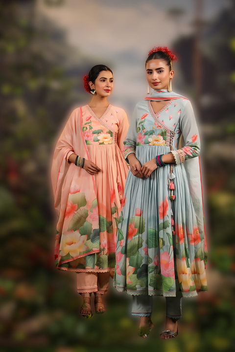 Angrakha Style Kurta, Pants and Dupatta set in Mulmul Cotton
