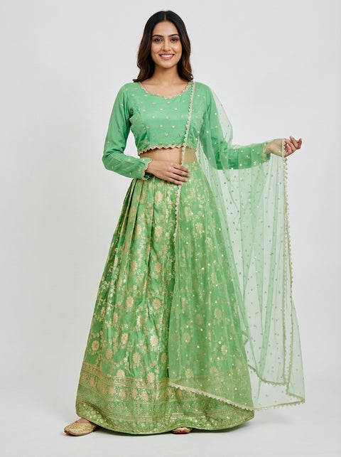 Pista Green Banaras Lehenga