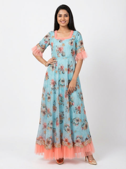 Blue Floral Gown With Cutwork