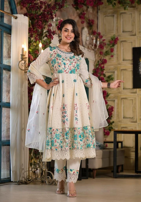 Cream/Blue Kurta, Pants and Dupatta set in Cotton