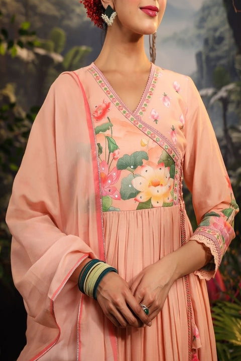 Angrakha Style Kurta, Pants and Dupatta set in Mulmul Cotton