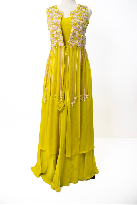 Yellow Indo Western with floral top
