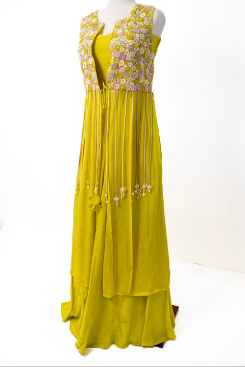 Yellow Indo Western with floral top