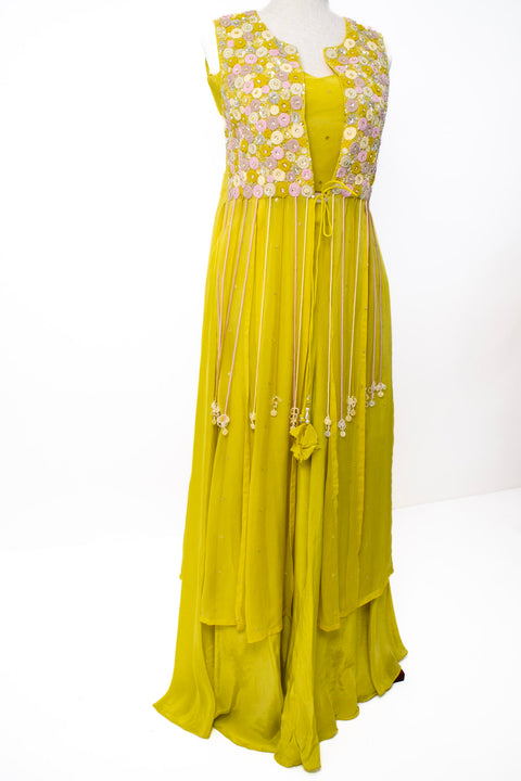 Yellow Indo Western with floral top