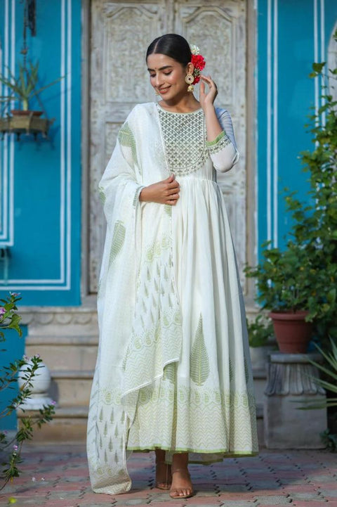 White and Green Long Kurti