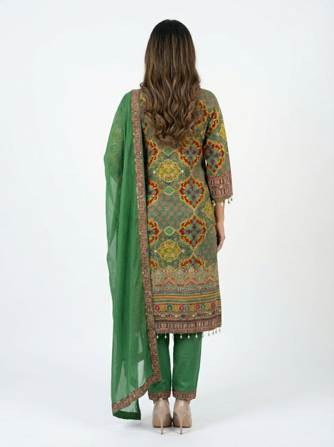 Green Multi Kurta, Pants and Dupatta Set