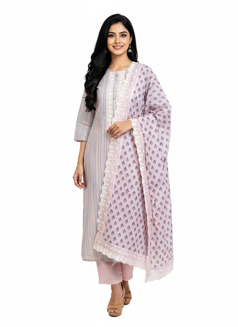 Pink Cotton Kurta, Pants & Dupatta set