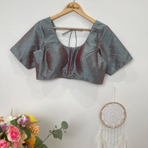 Grey Readymade Blouse with Gold Butis