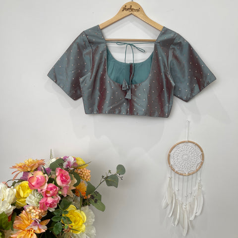 Grey Readymade Blouse with Gold Butis