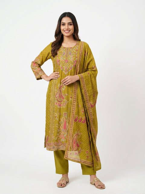 Mehandi Green Kurta, Pants and Dupatta Set