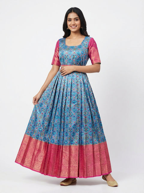 Blue and Pink Patola print Pure Silk Traditional Gown