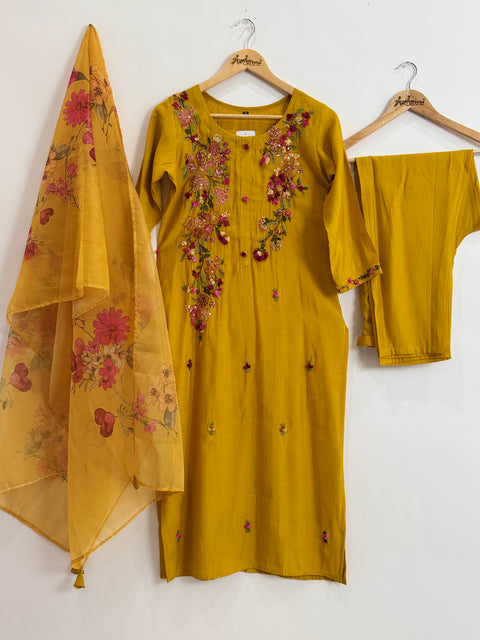 Mustard Kurta, Pants and Dupatta Set